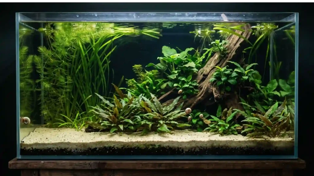 lante aquatique avec racines immergées dans un aquarium naturel low-tech, illustrant la filtration biologique par les plantes sans filtre ni pompe.