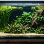 lante aquatique avec racines immergées dans un aquarium naturel low-tech, illustrant la filtration biologique par les plantes sans filtre ni pompe.