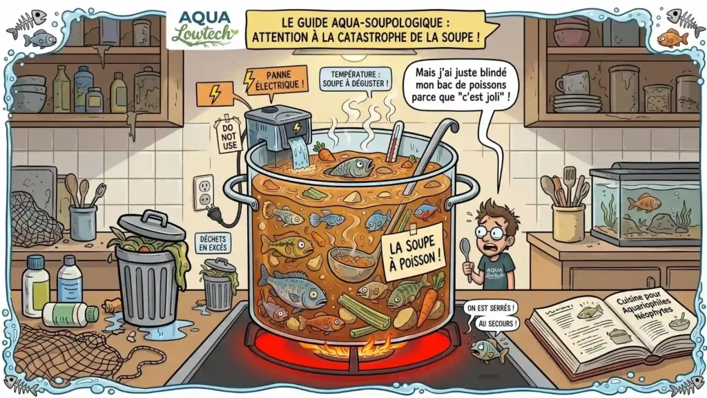 Illustration humoristique d'un aquarium en surpopulation lors d'une panne de filtre — l'effet "soupe à poisson" expliqué par AquaLowtech