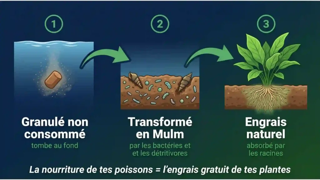 La nourriture de tes poissons est littéralement l'engrais gratuit de ton bac