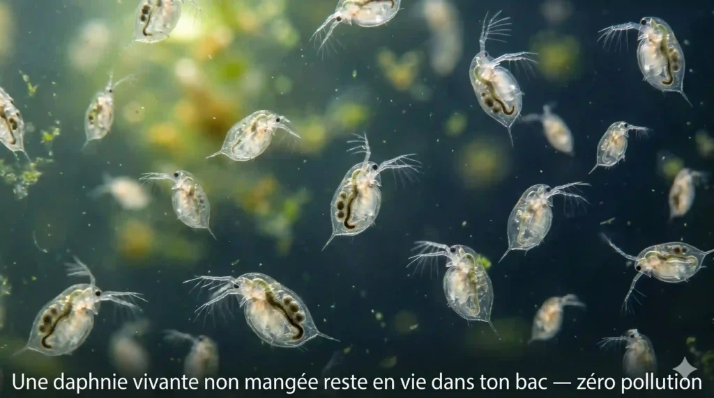 Daphnies vivantes en suspension dans l'eau 
légèrement verte d'un aquarium Low-tech — 
nourriture naturelle vivante qui filtre 
les micro-algues sans polluer l'eau