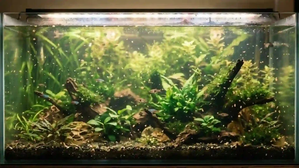 Eau trouble et laiteuse dans un aquarium planté causée par la dissolution de flocons industriels en suspension dans la colonne d'eau