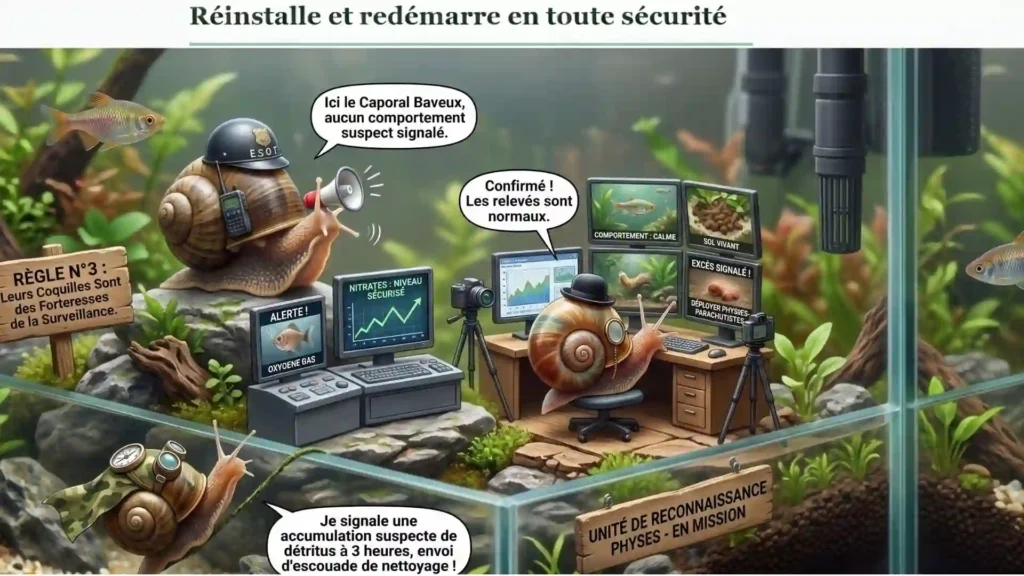 Les escargots de l'aquarium en mission de surveillance de la qualité de l'eau nitrates, oxygène et comportement des poissons sous contrôle.
