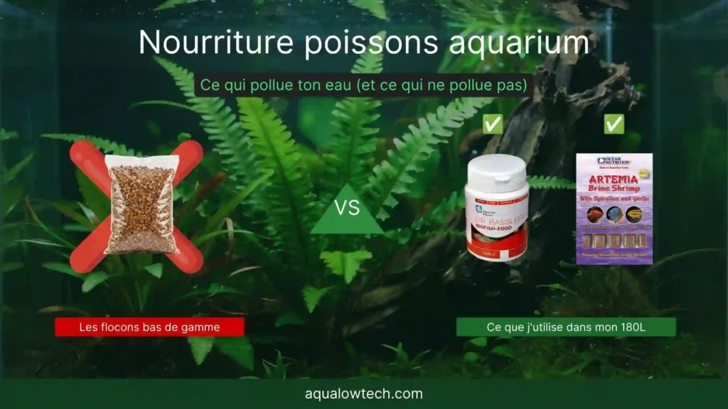 Comparaison nourriture poissons aquarium : flocons bas de gamme qui polluent l'eau versus granulés premium Dr Bassleer et artémias Ocean Nutrition utilisés dans mon bac Low-tech 180L