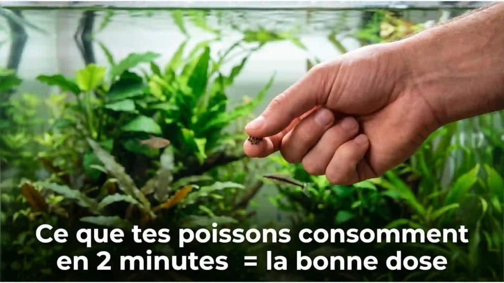 Main tenant une petite pincée de granulés au-dessus d'un aquarium planté Low-tech  illustration de la ration journalière idéale pour ne pas polluer l'eau