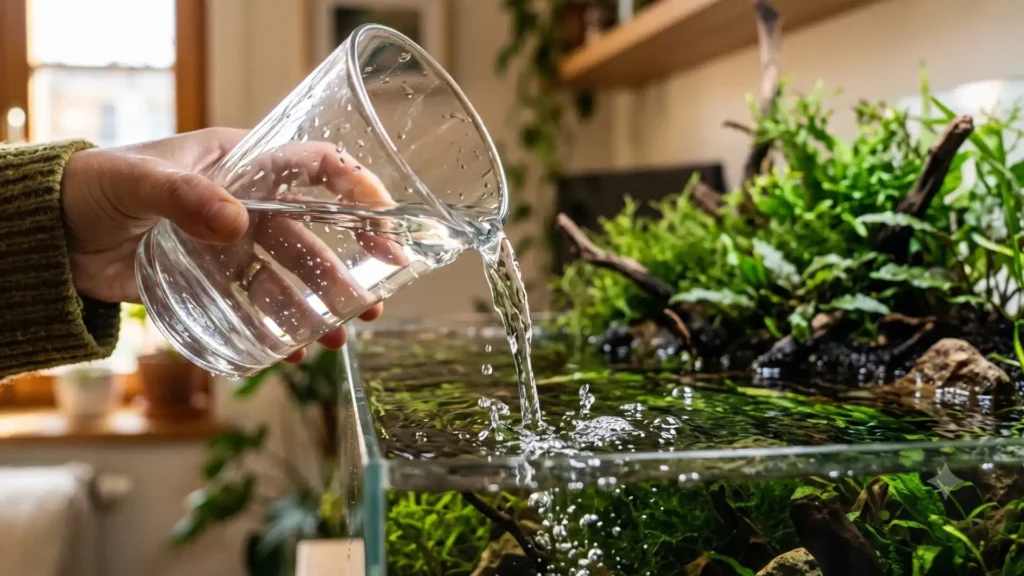 eau du robinet versée dans aquarium low-tech planté sans filtre