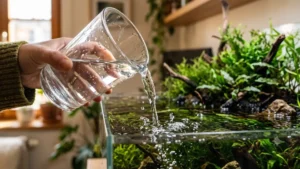 eau du robinet versée dans aquarium low-tech planté sans filtre