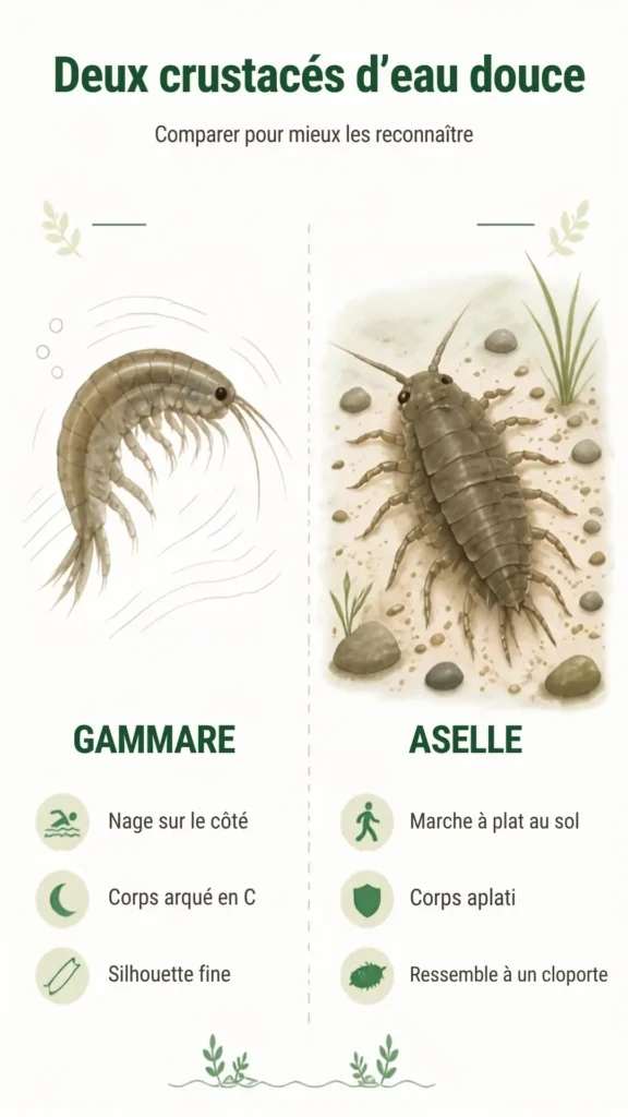 Infographie comparant la différence entre un gammare et une aselle en aquarium