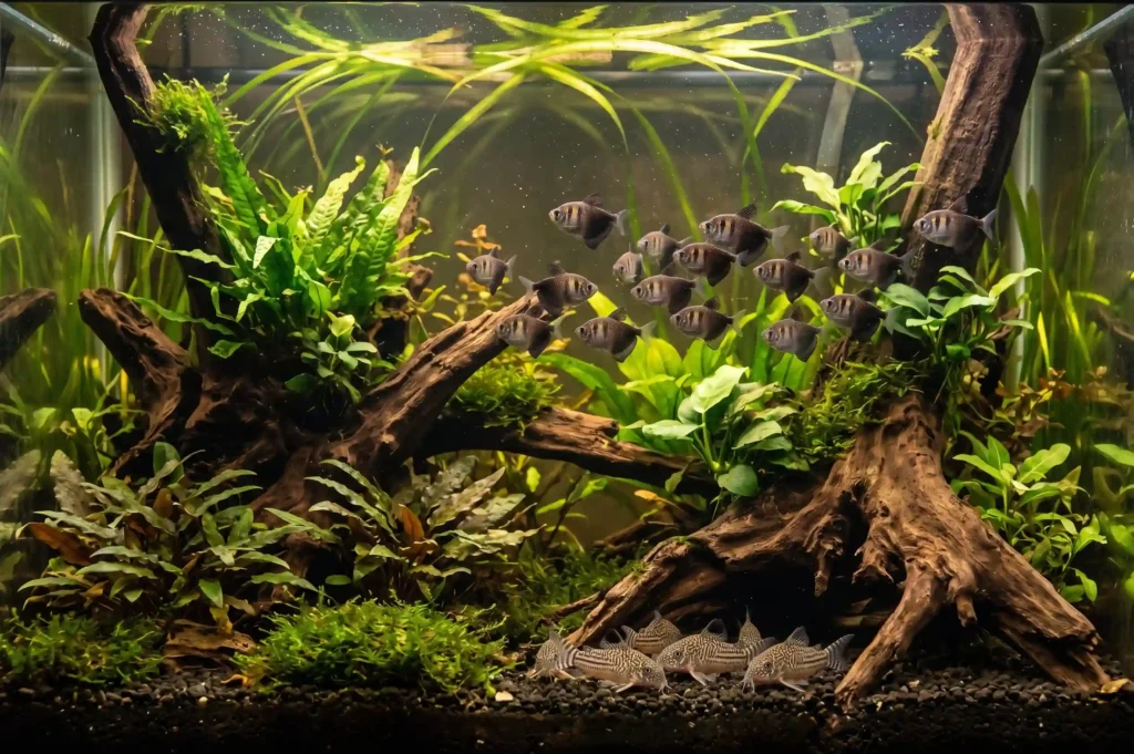 aquarium 80 litres veuve noire et corydoras julii banc