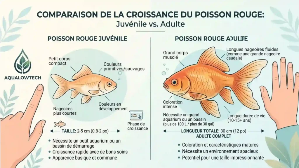 aquarium 80 litres poisson rouge juvénile et adulte comparaison taille