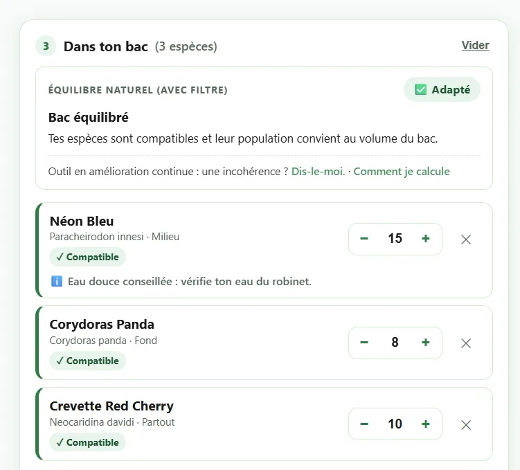 Bac Vivant : 15 Néons bleus, 8 Corydoras panda et 10 crevettes Red Cherry dans un aquarium 100 litres avec filtre, verdict vert et alerte eau douce conseillée