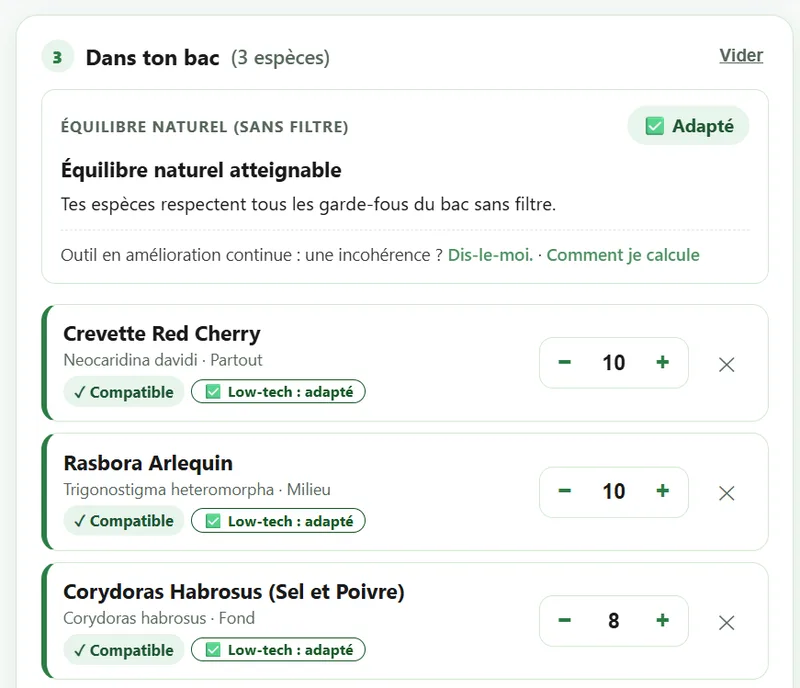 Bac Vivant : 10 Rasboras arlequins, 8 Corydoras habrosus et 10 crevettes Red Cherry dans un aquarium 100 litres sans filtre, verdict vert