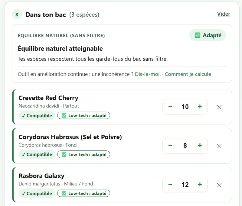 Bac Vivant : 12 Rasboras galaxy, 8 Corydoras habrosus et 10 crevettes Red Cherry dans un aquarium 100 litres sans filtre, verdict vert