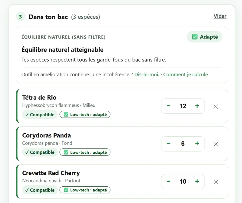 Bac Vivant : 12 Tétras de Rio, 6 Corydoras panda et 10 crevettes Red Cherry dans un aquarium 100 litres sans filtre, verdict vert