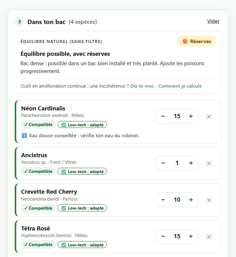 Bac Vivant : mon aquarium 120 litres sans filtre avec 15 tétras rosés, 15 néons cardinalis et un Ancistrus, verdict orange bac dense